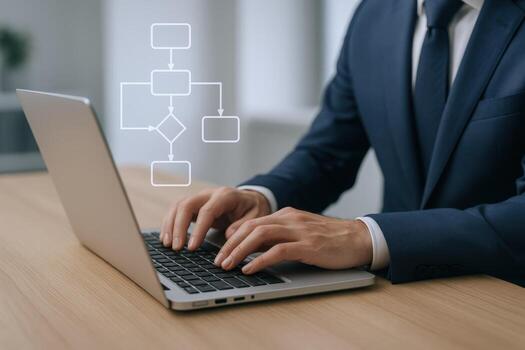 Businessman Working on Laptop with Flowchart Overlay for Business Process and Workflow Automation photo
