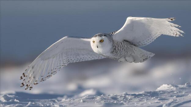 Snowy Owl Flying Over Winter Landscape with Wings Spread Displaying its Feather Pattern photo