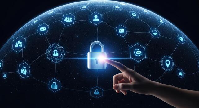 Cybersecurity Concept Person Touching a Glowing Padlock Representing Data Protection and Online Security System photo