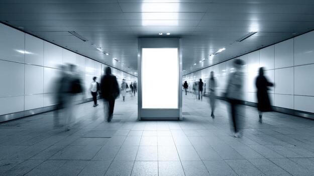 borroso viajeros caminando mediante moderno subterraneo túnel con blanco anuncio cartelera monitor foto