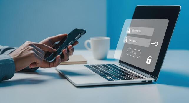 Online Security Person Using Smartphone and Laptop for Login Authentication Process, Emphasizing Cybersecurity photo