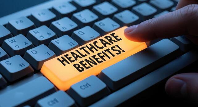 Healthcare benefits conceptual shot of a finger pressing the benefits key on a computer keyboard photo