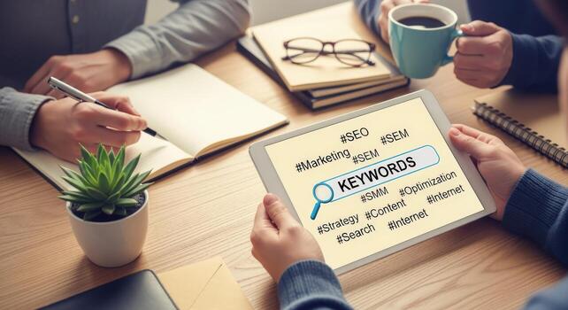 Team Brainstorming Keywords and SEO Strategy on a Digital Tablet for Online Marketing Success photo