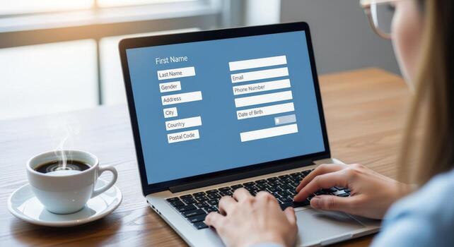 Woman Completing Online Form on Laptop with Coffee, Representing Data Entry and Digital Application photo