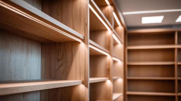 Modern Wooden Shelving System with LED Lighting for Display and Storage in Retail or Home photo