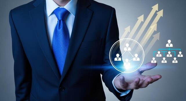 Businessman Presenting Human Resources Structure with Growth Arrows Representing Business Success and Career Advancement photo