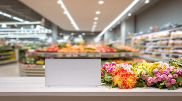 Blank Sign on Counter with Flowers in Grocery Store for Advertisement or Promotion photo
