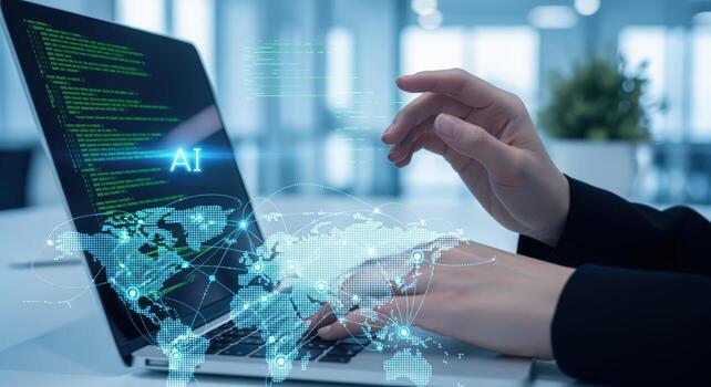 AI Development Programmer Coding on Laptop with Global Network Overlay for Artificial Intelligence photo