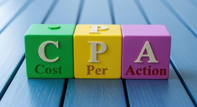 Cost Per Action Concept Displayed with Colorful Cubes on Blue Wooden Table, Business Strategy photo