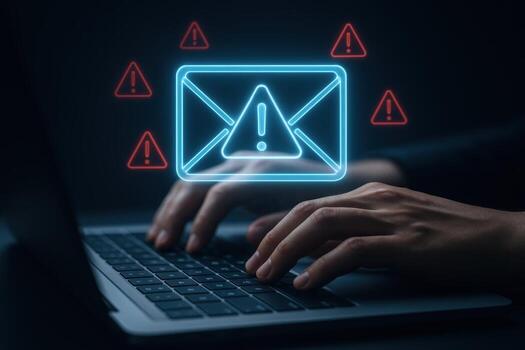 Email Hacking Threat Person Typing on Laptop with Digital Warning Icons - Cybersecurity Concept photo