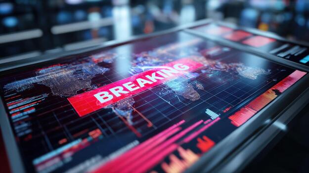 Breaking News Screen Displaying Global Events and Information Graphics for Real-Time Updates and Urgent Coverage photo