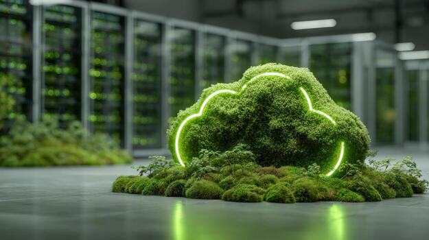 Sustainable Data Center Concept with Moss and Glowing Cloud Symbol, Emphasizing Green Technology and Eco-Friendly Solutions photo