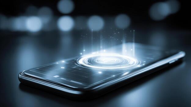 Smartphone displaying futuristic holographic interface with glowing circles and lines, representing connectivity and advanced technology photo