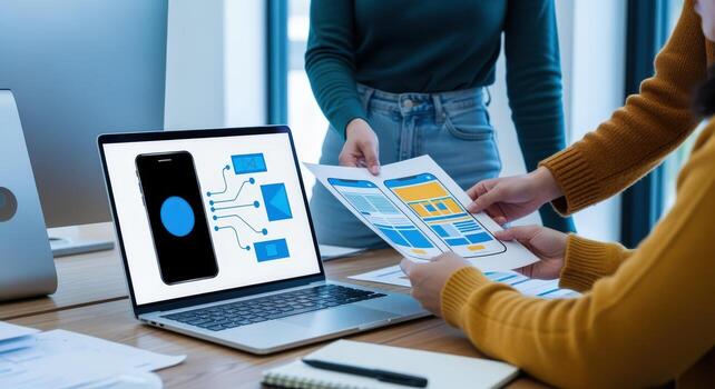 Team Collaboration on Mobile App UIUX Design with Laptop and Mockups for Software Development photo