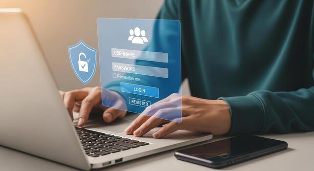 User logs into secure online platform with two factor authentication for data protection photo