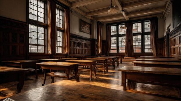 Classic School Classroom with Empty Desks and Natural Light Streaming Through Windows photo