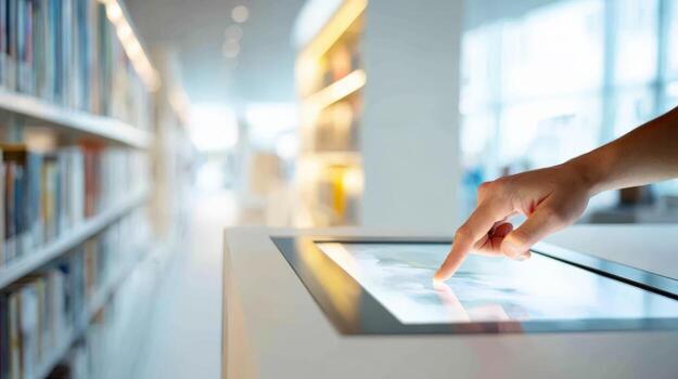 Interactive Information Kiosk in Library Person Using Touchscreen for Research and Modern Technology photo