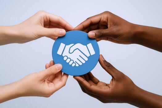 Diverse Hands Holding Symbol of Partnership, Collaboration and Agreement, Representing Unity and Trust in Global Business photo