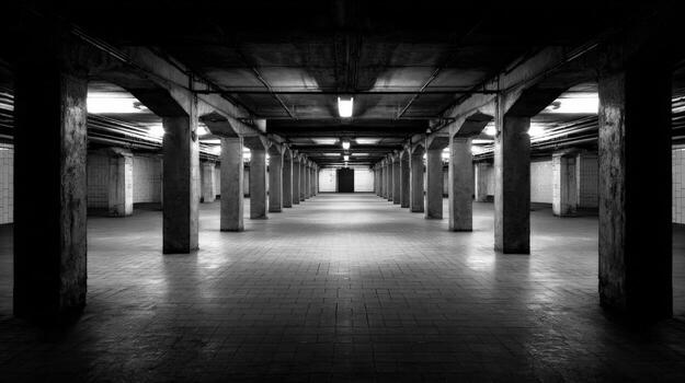 Monochromatic Underground Space with Columns, Industrial Architecture, Dim Lighting, and Concrete Flooring photo
