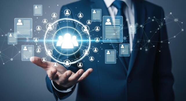 Digital Recruitment and Human Resources Technology Businessman Presenting Talent Acquisition Network on an Abstract Blue Background photo