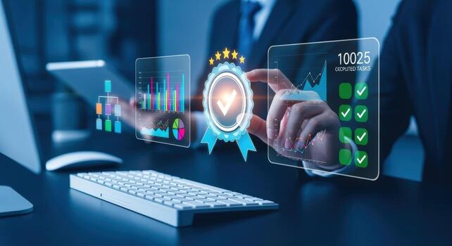 Quality Assurance Concept Business Professionals Interacting with Virtual Charts and Checkmarks in a Modern Office photo