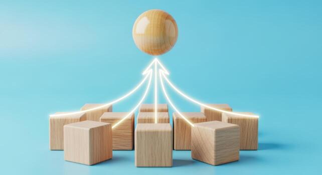 Conceptual Wooden Blocks Convergence Achieving Unified Goal with Strategic Arrows on Light Blue Background photo