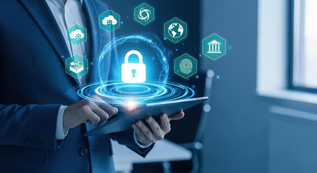 Businessman Using Tablet with Cyber Security Interface Data Protection, Encryption and System Access photo