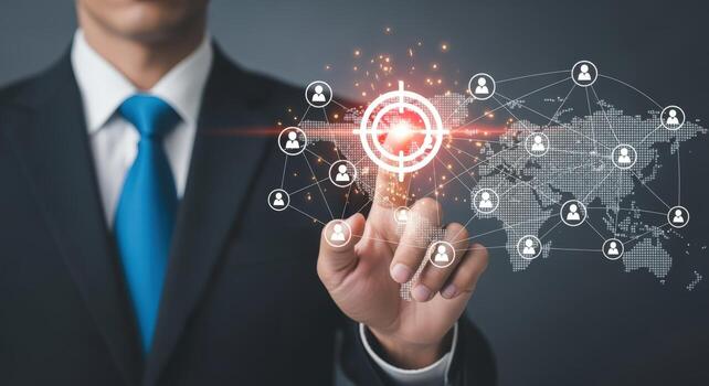 Global Business Network Connection Concept with Businessman Pointing at a Target on a Virtual World Map photo