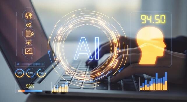 AI Integration A Person Working on Laptop Demonstrating Artificial Intelligence and Data Analysis for Business Growth photo