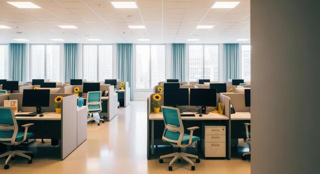 Modern Open Office Space with Cubicles, Natural Light, and Contemporary Design for Collaborative Work photo