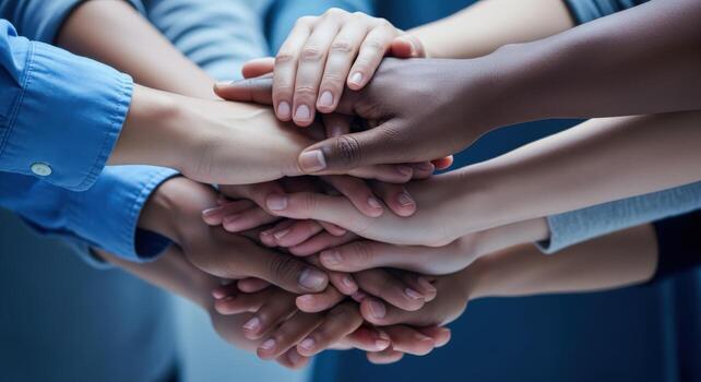 Diverse hands stacked together demonstrating teamwork, unity, collaboration, and a supportive business environment photo