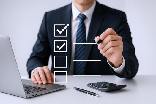 Businessman Completing Checklist On Screen, Illustrating Project Management, Efficiency, and Task Completion in Professional Setting photo