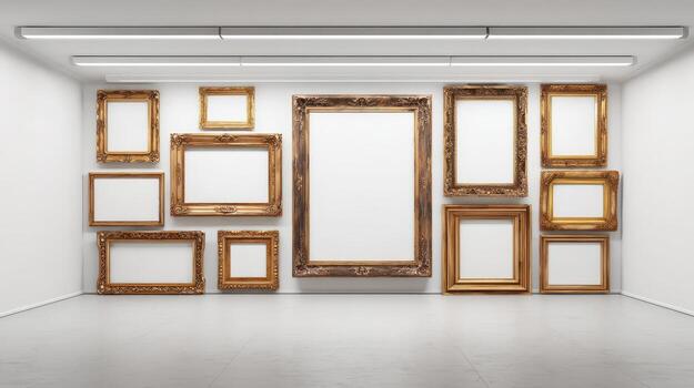 Gallery Wall with Empty Frames in Contemporary Art Space for Mockup Display photo