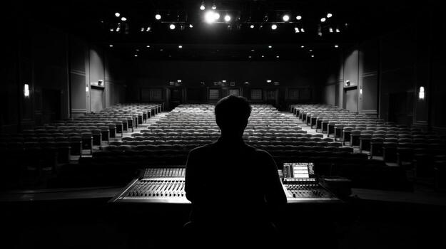 Theater Technician Overseeing Empty Auditorium in Black and White, Ready for Performance photo