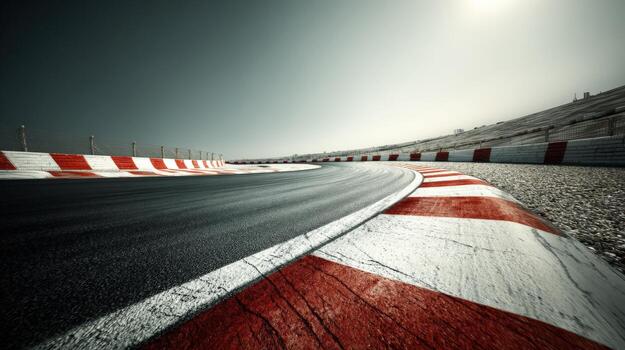 Racing Circuit Corner with Asphalt and Striped Kerbs, High Angle View on a Sunny Day photo