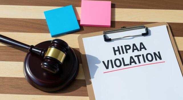Clipboard with HIPAA Violation Notice and Gavel, Symbolizing Legal Implications of Healthcare Data Breaches photo