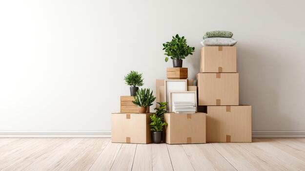 Moviente día apilar de cartulina cajas, en conserva plantas y marcos en contra blanco pared en de madera piso foto