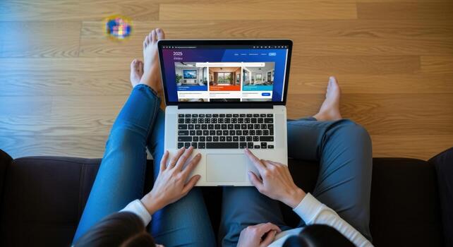 Couple Browsing Real Estate Listings on Laptop from Home, Relaxing on Sofa, Pointing Screen photo