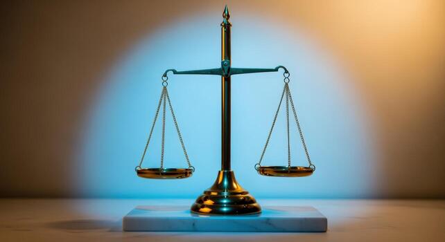 Symbolic Balance Scales of Justice on Marble Base, Illuminated by Blue and Gold Lighting photo