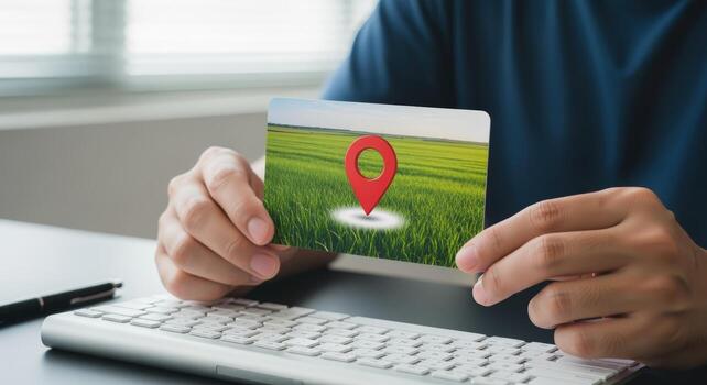Hands Holding Card with Location Pin Over a Green Field, Navigation and Travel Technology photo