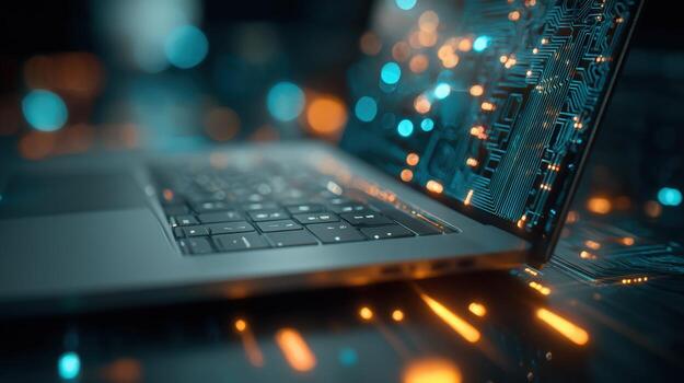 Laptop Displaying Abstract Circuit Board Design with Bokeh Lights for Technology and Innovation Concepts photo