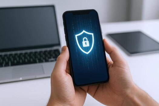 móvil seguridad concepto mano participación teléfono inteligente con seguridad proteger y candado en pantalla foto