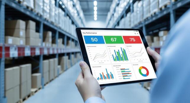 Warehouse Data Analysis on Tablet Logistics, Inventory Management, Supply Chain Optimization and Modern Technology photo