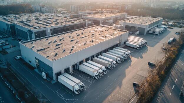 aéreo ver de logística centrar con camiones a cargando muelles para transporte y distribución foto