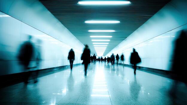 Blurred figures walking in illuminated urban tunnel, representing anonymity, speed, and modern city life photo
