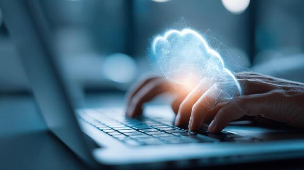 Person Typing on Laptop with Digital Cloud Overlay Representing Data Analysis and Connectivity photo