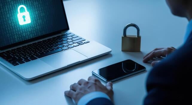 Cybersecurity Concept Man Securing Laptop, Smartphone, and Data with Encryption and Padlock for Online Protection photo