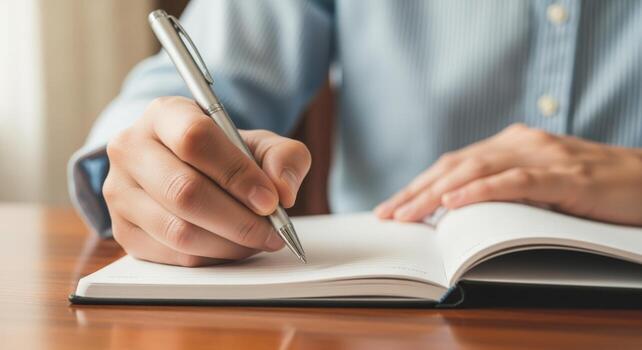 Close-up of Person Writing in Notebook with Pen on Wooden Desk for Planning and Ideas photo