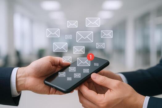 Receiving Messages on a Smartphone Hands Holding Mobile Phone Displaying Digital Mail Icons and Notifications photo