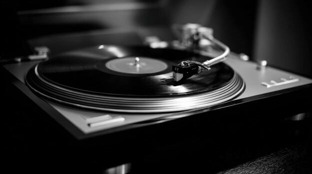Monochrome Turntable Playing Vinyl Record Close-up of Retro Music Device in Dark Tones photo
